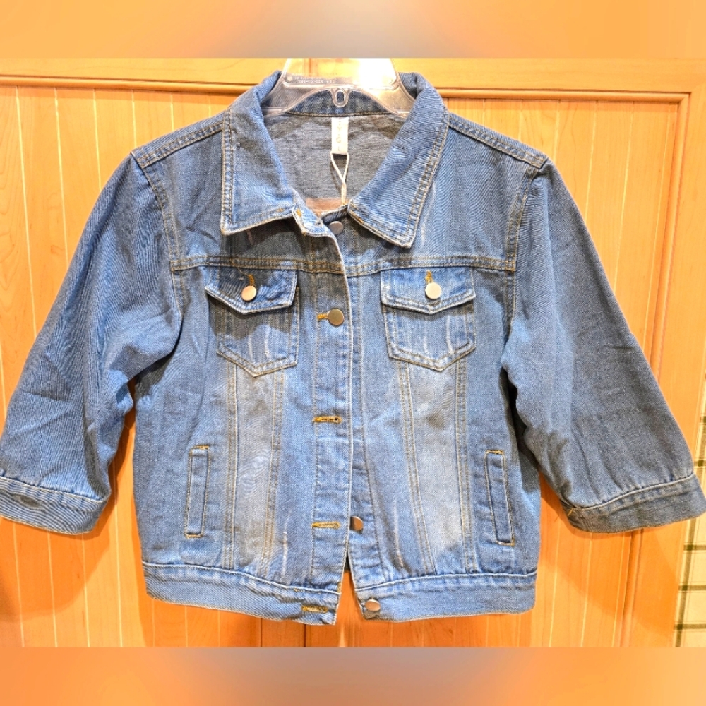 Cropped Distressed Denim Jacket L